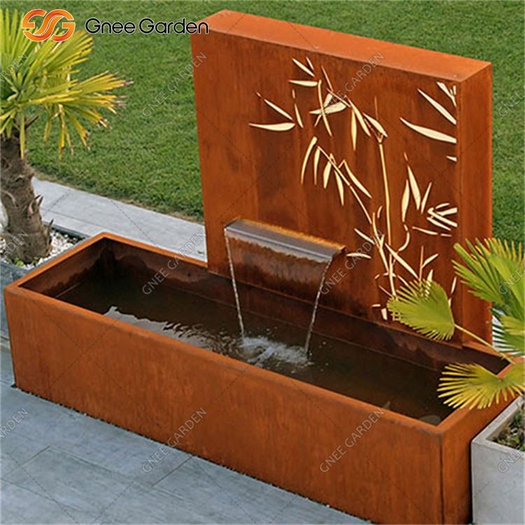 Outdoor Corten Steel Water Fountain With Bamboo Patterned Perforated Panels