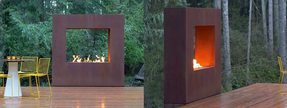 Corten steel outdoor fireplace with barbecue grills Corten steel outdoor fireplace with barbecue grills