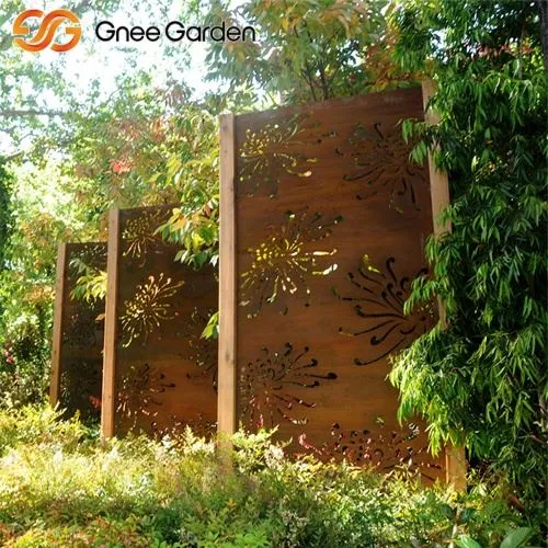Rustic Corten Screen With Chrysanthemum Patterns