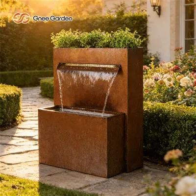 Corten Steel Water Fountain With Planter Flowerpot